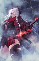 Rule 34 | 1girl, absurdres, bandaged leg, bandages, breasts, clawed gauntlets, dog tags, gauntlets, greenkohgen, hair over one eye, headgear, highres, holding, holding sword, holding weapon, jacket, jewelry, katana, looking at viewer, lucia: crimson abyss (punishing: gray raven), mecha musume, medium breasts, necklace, open clothes, open jacket, plunging neckline, pouch, punishing: gray raven, red eyes, red jacket, red pouch, red scarf, scarf, sheath, solo, sword, unsheathing, weapon, white hair