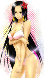 Rule 34 | 1girl, bare arms, bare legs, bare shoulders, bikini, black hair, boa hancock, breast hold, breasts, brown eyes, cameltoe, cleavage, closed mouth, cowboy shot, earrings, flower, groin, hair flower, hair ornament, happy, highres, hime cut, hip focus, jewelry, large breasts, legs, long hair, looking at viewer, navel, one piece, panties, r494390, shiny skin, simple background, smile, snake earrings, solo, standing, swimsuit, thighs, thong, underwear, white bikini, white panties