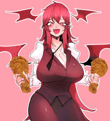 Rule 34 | 1girl, :d, @ @, black skirt, black vest, blush, breasts, chicken (food), chicken leg, cleavage, detached wings, drooling, dual wielding, fang, food, fried chicken, head wings, highres, holding, juliet sleeves, koakuma, large breasts, long hair, long sleeves, looking down, nyong nyong, open mouth, outline, pink background, puffy sleeves, red eyes, red hair, shirt, simple background, skirt, smile, solo, touhou, very long hair, vest, white outline, white shirt, wings