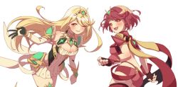 Rule 34 | 2girls, bare shoulders, black gloves, blonde hair, breasts, chagi chage, chest jewel, cleavage, cleavage cutout, clothing cutout, dress, earrings, elbow gloves, fingerless gloves, gloves, hair ornament, jewelry, large breasts, long hair, multiple girls, mythra (xenoblade), pyra (xenoblade), red eyes, red hair, red legwear, red shorts, short dress, short hair, short shorts, shorts, smile, swept bangs, thighhighs, tiara, very long hair, white dress, white gloves, xenoblade chronicles (series), xenoblade chronicles 2, yellow eyes