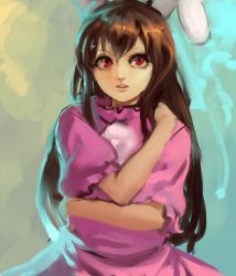 Rule 34 | 1girl, aged up, alternate hair length, alternate hairstyle, animal ears, brown hair, dress, inaba tewi, inishie kumo, long hair, looking at viewer, parted bangs, pink dress, puffy short sleeves, puffy sleeves, rabbit ears, red eyes, short sleeves, solo, touhou, upper body