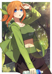 Rule 34 | 1girl, absurdres, alternate hairstyle, black pantyhose, blue eyes, blush, border, bottle, breasts, collarbone, commentary request, cowboy shot, crop top, day, go-toubun no hanayome, green jacket, green ribbon, green shirt, hair ribbon, hand up, highres, holding, holding bottle, jacket, large breasts, lens flare, long sleeves, looking ahead, midriff, nakano yotsuba, navel, open clothes, open jacket, open mouth, orange hair, outdoors, pantyhose, ponytail, ribbon, shirt, solo, standing, tamago sando, tree, water bottle, white border