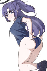 Rule 34 | 1girl, adjusting buruma, adjusting clothes, adjusting swimsuit, ass, bamiyanpixel, blue archive, blue hair, blue shirt, buruma, closed mouth, clothes pull, frown, gym uniform, halo, highres, long hair, name tag, panties, shirt, shoes, short sleeves, simple background, solo, sweat, swimsuit, underwear, wedgie, white background, white panties, yuuka (blue archive), yuuka (track) (blue archive)