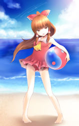 Rule 34 | 1girl, aged down, angry, ascot, ball, beach, beachball, bikini, bikini top only, blue sky, blurry, blurry background, bow, breasts, brown eyes, brown hair, cloud, collarbone, day, floating hair, frilled bow, frills, full body, hair bow, hair tubes, hakurei reimu, head tilt, highres, long hair, looking at viewer, ocean, open mouth, outdoors, ponytail, red bikini, red bow, red shirt, sailor collar, shirt, sky, sleeveless, sleeveless shirt, small breasts, solo, sunlight, swimsuit, tauta (meshia8787), touhou, very long hair, white sailor collar, yellow ascot