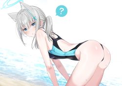 Rule 34 | 1girl, ?, animal ear fluff, animal ears, ass, bare arms, bent over, black one-piece swimsuit, blue archive, blue eyes, blue halo, blush, breasts, chicke iii, competition swimsuit, extra ears, from side, grey hair, hair between eyes, halo, highres, long hair, looking at viewer, looking to the side, medium breasts, one-piece swimsuit, parted lips, shiroko (blue archive), shiroko (swimsuit) (blue archive), simple background, solo, spoken question mark, swimsuit, white background