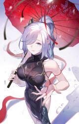Rule 34 | 1girl, absurdres, bare shoulders, black dress, blue eyes, breasts, change (1044080555), cleavage, commentary request, dress, feet out of frame, genshin impact, grey hair, hair over one eye, highres, holding, holding umbrella, long hair, looking at viewer, official alternate costume, parted lips, ponytail, red umbrella, see-through, see-through cleavage, shenhe (frostflower dew) (genshin impact), shenhe (genshin impact), sleeveless, sleeveless dress, solo, umbrella