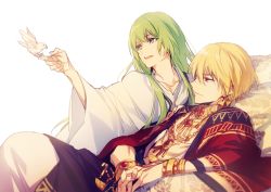 Rule 34 | 1boy, androgynous, bird, bird on hand, blonde hair, bracelet, chain, collarbone, earrings, enkidu (fate), fate/grand order, fate (series), gilgamesh (fate), gold, gold chain, green eyes, green hair, jewelry, long hair, long sleeves, necklace, official alternate costume, open mouth, outstretched arm, red eyes, robe, short hair, simple background, sitting, smile, white background, white robe, wide sleeves, xia (ryugo)