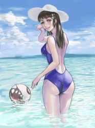 Rule 34 | 10s, 1girl, absurdres, ass, ball, beachball, blue one-piece swimsuit, blue sky, brown eyes, brown hair, cloud, cowboy shot, day, from behind, gradient background, hair bun, hair ornament, hat, highres, kantai collection, lips, long hair, looking at viewer, looking back, murasaki-sin, myoukou (kancolle), nose, one-piece swimsuit, outdoors, single hair bun, sky, smile, solo, strap gap, sun hat, swimsuit, teeth, wading, water, wet