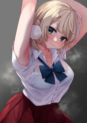 Rule 34 | 1girl, armpits, arms up, blonde hair, blue bow, blue bowtie, blue bra, blunt bangs, blush, bow, bowtie, bra, bra visible through clothes, commentary request, dress shirt, festa11307070, gradient background, green eyes, grey background, hair ornament, indie virtual youtuber, looking at viewer, official alternate costume, outstretched arms, paid reward available, parted lips, pleated skirt, pom pom (clothes), pom pom hair ornament, presenting armpit, red skirt, school uniform, see-through, see-through shirt, shigure ui (vtuber) (2nd costume), shigure ui (vtuber), shirt, simple background, skirt, smell, solo, steaming body, sweat, underwear, upper body, virtual youtuber, wet, wet clothes, wet shirt, white shirt