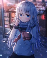 Rule 34 | 1girl, absurdres, ahoge, black sailor collar, black skirt, blue eyes, blue scarf, blurry, blurry background, blush, box, closed mouth, dfd, gift, gift box, hair between eyes, hibiki (kancolle), highres, holding, holding gift, kantai collection, long hair, long sleeves, neckerchief, pleated skirt, red neckerchief, sailor collar, scarf, school uniform, serafuku, silver hair, skirt, smile, solo, upper body, valentine