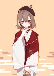 Rule 34 | 1girl, basket, beret, bird, braid, braided bangs, brown eyes, brown hair, cloud, commentary, earrings, feathers, finger to mouth, floral print, gloves, hat, highres, hololive, hololive english, japanese clothes, jewelry, kimono, lace, lace gloves, multicolored hair, nanashi mumei, nanashi mumei (new year), official alternate costume, owl, print kimono, red shawl, shawl, simple background, single earring, smile, streaked hair, symbol-only commentary, vein (artist), virtual youtuber, white kimono