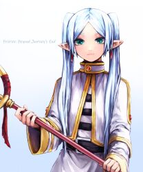 Rule 34 | 1girl, belt, black belt, blue hair, closed mouth, copyright name, earrings, frieren, gradient background, green eyes, highres, holding, holding staff, jewelry, light blue hair, long hair, long sleeves, looking at viewer, pointy ears, simple background, solo, sousou no frieren, staff, twintails, upper body, wide sleeves, yachima tana
