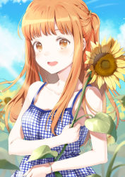 Rule 34 | 1girl, armpit peek, arms up, bare arms, bare shoulders, blue sky, blurry, blurry background, bracelet, breasts, brown eyes, cloud, collarbone, commentary, day, diffraction spikes, dress, flower, holding, holding flower, jewelry, light blush, long hair, looking at viewer, open mouth, orange hair, original, outdoors, plaid, plaid dress, ponytail, sidelocks, sky, sleeveless, sleeveless dress, small breasts, solo, standing, sundress, sunflower, teeth, unya (unya-unya), upper body, upper teeth only