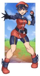 Rule 34 | 1girl, :d, absurdres, armband, beret, bike shorts, black gloves, blue eyes, blue sky, boots, breasts, buckle, cloud, creatures (company), day, fanny pack, full body, game freak, gloves, grass, hair between eyes, hat, highres, holding, holding poke ball, legs apart, long sleeves, medium breasts, mole, mole under eye, nintendo, npc trainer, open mouth, outdoors, outstretched arm, pigeon-toed, poke ball, poke ball (basic), pokemon, pokemon masters ex, pokemon ranger (pokemon), pretty-purin720, purple hair, red footwear, red hat, short hair, single vertical stripe, sky, smile, solo, standing, turtleneck, v-shaped eyebrows