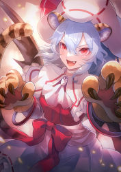 Rule 34 | 1girl, 60mai, animal ears, animal hands, ascot, bat wings, blue hair, dress, fang, gloves, hair between eyes, hat, mob cap, open mouth, paw gloves, red eyes, remilia scarlet, short hair, smile, solo, tail, tiger ears, tiger paws, tiger tail, touhou, upper body, v-shaped eyebrows, white ascot, white dress, white hat, wings