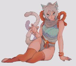Rule 34 | 1girl, :3, animal ears, animification, apex legends, barefoot, blue eyes, blue nails, blue shirt, bracelet, cat ears, cat girl, cat tail, claw pose, demon&#039;s whisper wraith, green panties, grey background, grey scarf, hair bun, highres, jewelry, kemonomimi mode, multiple tails, nail polish, oinu-chan, panties, red thighhighs, scarf, shirt, single hair bun, sitting, sleeveless, sleeveless shirt, smile, solo, tail, thighhighs, toenail polish, toenails, underwear, wraith (apex legends)