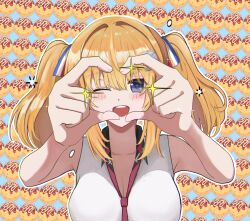 Rule 34 | 1girl, ;d, blonde hair, blue eyes, blush, breasts, bright pupils, cleavage, commentary, eyelashes, eyes visible through hair, foreshortening, french flag, futamata ren&#039;ai, hair between eyes, hair intakes, hair ribbon, hands up, happy, heart, heart hands, heart hands over eye, highres, large breasts, long hair, looking at viewer, multicolored ribbon, one eye closed, open mouth, ribbon, round teeth, shirt, sleeveless, sleeveless shirt, smile, solo, sparkle, straight-on, teeth, toiro kirame, twintails, upper body, upper teeth only, west gon, white pupils, white shirt