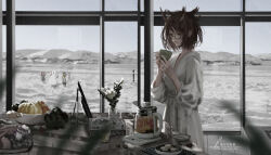 Rule 34 | 3girls, absurdres, arknights, artist name, blonde hair, book, book stack, bowl, brown eyes, brown hair, closed mouth, coat, coffee pot, commentary, cup, drinking glass, feather hair, fengbuxiao, food, fork, glasses, grey coat, highres, holding, holding cup, ifrit (arknights), indoors, jewelry, long sleeves, macaron, magallan (arknights), multiple girls, plate, ring, robe, semi-rimless eyewear, short hair, signature, silence (arknights), sky, snow, snowman, solo focus, spoon, symbol-only commentary, table, tablet pc, white robe