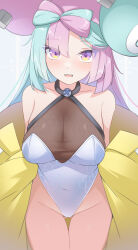 Rule 34 | 1girl, absurdres, alternate breast size, bare shoulders, blush, bow-shaped hair, breasts, character hair ornament, creatures (company), game freak, green hair, groin, hair ornament, hexagon print, highres, iono (pokemon), jacket, large breasts, long hair, long sleeves, looking at viewer, multicolored hair, nintendo, open mouth, oversized clothes, pink eyes, pink hair, pokemon, pokemon sv, solo, split-color hair, thigh gap, thighs, two-tone hair, very long sleeves, x, xlyami, yellow jacket