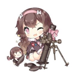 Rule 34 | 2girls, :d, ammunition, artillery fairy (girls&#039; frontline), badge, black sailor collar, black skirt, blush, blush stickers, bomb, bow, bowtie, braid, brown dress, brown footwear, brown hair, brown jacket, button badge, chibi, dress, explosive, fairy (girls&#039; frontline), full body, fur-trimmed jacket, fur trim, girls&#039; frontline, grin, hair bow, hair down, hairband, holding, holding bomb, jacket, kneeling, long hair, long sleeves, looking at viewer, mortar (weapon), mortar shell, multiple girls, official art, one eye closed, open mouth, pink bow, pink bowtie, pink eyes, pink hairband, pink ribbon, ribbon, sailor collar, saru, shirt, shorts, simple background, single braid, skirt, slit pupils, smile, sparkle, third-party source, transparent background, v-shaped eyes, white bow, white shirt, white shorts, | |