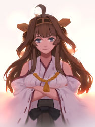 Rule 34 | 10s, 1girl, absurdres, ahoge, bare shoulders, brown hair, crossed arms, detached sleeves, grey eyes, headgear, highres, japanese clothes, kantai collection, kongou (kancolle), long hair, long sleeves, looking at viewer, sash, smile, sola7764, solo, very long hair, wide sleeves
