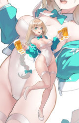 Rule 34 | 1girl, alcohol, animal ears, bare shoulders, beer, beer mug, blonde hair, blush, braid, braided ponytail, breasts, cleavage, covered navel, cup, detached collar, fake animal ears, fishnet thighhighs, fishnets, full body, green eyes, green jacket, high heels, highleg, highleg leotard, highres, jacket, kekemotsu, large breasts, leotard, long hair, long sleeves, looking at viewer, mug, off shoulder, open clothes, open jacket, open mouth, original, playboy bunny, rabbit ears, smile, solo, thighhighs, thighs, white leotard