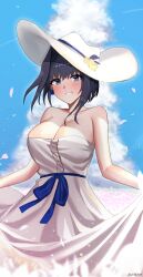 Rule 34 | 1girl, blue eyes, blue hair, blue sky, blush, bow, breasts, cleavage, cloud, day, dress, falling petals, hair bow, hat, highres, hololive, hololive english, kotodekun, large breasts, lifting own clothes, looking at viewer, ouro kronii, outdoors, petals, short hair, sky, smile, solo, sun hat, teeth, virtual youtuber, white dress, white hat