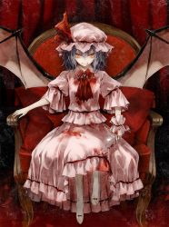 Rule 34 | 1girl, ascot, bat wings, blood, blood stain, blue hair, cup, dress, drinking glass, fang, female focus, hat, highres, minakata sunao, red eyes, remilia scarlet, short hair, sitting, smile, solo, touhou, wine glass, wings