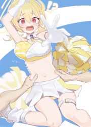 Rule 34 | 1girl, ahoge, aji aji nori, arm up, belly grab, blonde hair, blue archive, breasts, cheerleader, gloves, halo, highres, kotori (blue archive), kotori (cheer squad) (blue archive), large breasts, looking at viewer, midriff, millennium cheerleader outfit (blue archive), muffin top, navel, official alternate costume, open mouth, pom pom (cheerleading), red eyes, short hair, short twintails, skirt, solo focus, tears, twintails, white gloves, white skirt, yellow halo