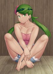 Rule 34 | 1girl, barefoot, breasts, cleavage, collarbone, commentary, creatures (company), eyelashes, flower, game freak, green eyes, green hair, hair flower, hair ornament, highres, knees, long hair, looking at viewer, mallow (pokemon), nintendo, pokemon, pokemon sm, shorts, sitting, solo, spread legs, sungpark, swept bangs, toes, trial captain, twintails