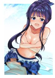 Rule 34 | 1girl, unworn bikini top, black hair, blue eyes, breasts, covering privates, covering breasts, crossed arms, embarrassed, highres, idolmaster, idolmaster million live!, idolmaster million live! theater days, karetayousuke, long hair, mogami shizuka, navel, ocean, open mouth, partially submerged, ponytail, small breasts, solo, topless, wardrobe malfunction
