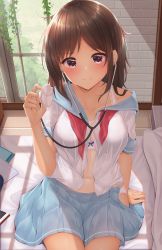 Rule 34 | 1girl, arm support, bare shoulders, blue sailor collar, blue skirt, blush, bow, bow bra, bra, breasts, brick wall, brown hair, closed mouth, collarbone, day, hand up, highres, holding, indoors, long hair, looking at viewer, medium breasts, minato ojitan, navel, neckerchief, off shoulder, open clothes, open shirt, original, panties, parted bangs, pleated skirt, red eyes, red neckerchief, sailor collar, school uniform, serafuku, shirt, short sleeves, sitting, skirt, smile, stethoscope, tan, underwear, white bra, white panties, white shirt, window