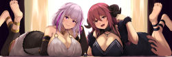 Rule 34 | 2girls, breasts, cleavage, feet up, highres, horns, huge breasts, jewelry, kanzaki kureha, lying, multiple girls, necklace, on stomach, pink hair, red hair