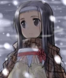 Rule 34 | 1girl, black eyes, black hair, bow, coat, gift, hairband, hara takehito, holding, holding gift, long hair, original, package, sketch, snowing, solo