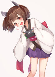 Rule 34 | 1girl, blush, brown hair, commentary request, grey background, headgear, highres, holding, japanese clothes, kanzen bouon, kimono, long sleeves, looking at viewer, nintendo switch, obi, pleated skirt, purple skirt, red eyes, sash, simple background, skirt, sleeves past wrists, solo, touhoku kiritan, twintails, voiceroid, white kimono, wide sleeves