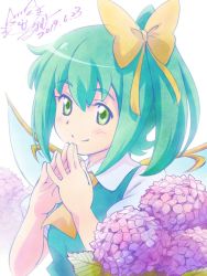 Rule 34 | 1girl, blue dress, blush, bow, closed mouth, collar, daiyousei, dated, dress, fairy wings, flower, green eyes, green hair, hair between eyes, hair bow, hands up, hydrangea, leaf, looking at viewer, lunamoon, own hands together, ponytail, puffy short sleeves, puffy sleeves, purple flower, short hair, short sleeves, signature, simple background, smile, solo, touhou, white background, white collar, white sleeves, wings, yellow bow, yellow neckwear