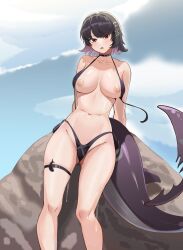 1girl bikini black_bikini breasts cleavage ellen_joe highleg highleg_bikini highres large_breasts leg_wrap looking_at_viewer medium_breasts navel nico-mo nipples on_rock red_eyes shark_girl sitting solo swimsuit untied_bikini zenless_zone_zero