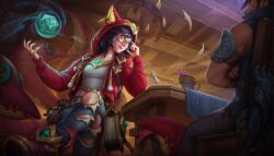 Rule 34 | 1boy, 1girl, absurdres, ahri (league of legends), alternate costume, animal ears, black hair, book, breasts, chair, coin, collarbone, cup, denim, facial mark, fake animal ears, fake tail, fox ears, glasses, gold coin, grey shirt, highres, hood, hood up, hooded jacket, jacket, jeans, league of legends, medium breasts, medium hair, multiple tails, open clothes, open jacket, pants, red jacket, round eyewear, shirt, shoes, smile, solo focus, table, tail, thanh tran, torn clothes, torn pants, whisker markings, yasuo (league of legends)