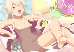 Rule 34 | 10s, armpits, bad id, bad pixiv id, barefoot, bath, bath stool, bathing, bathtub, blush, body blush, bottle, breasts, censored, closed eyes, convenient censoring, crossed legs, dutch angle, faucet, feet, groin, happy, highres, indoors, kantai collection, lifebuoy, long hair, mijinko (rioriorio), narrow waist, navel, nude, open mouth, partially submerged, reclining, rensouhou-chan, rioriorio, rubber duck, shimakaze (kancolle), sidelocks, silver hair, sitting, small breasts, smile, soap bubbles, soap censor, soles, spread toes, stool, swim ring, toes, towel, wavy mouth, wide hips
