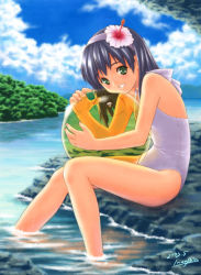 Rule 34 | 00s, 1girl, 2003, ball, beachball, black hair, breasts, casual one-piece swimsuit, cloud, dated, day, flower, forest, from side, full body, green eyes, grin, hair flower, hair ornament, hairband, halterneck, head rest, hibiscus, holding, inou shin, knees together feet apart, leaning forward, long hair, nature, hugging object, one-piece swimsuit, outdoors, reflection, reflective water, rock, short hair, signature, sitting, sky, small breasts, smile, soaking feet, solo, swimsuit, transparent, water, white one-piece swimsuit