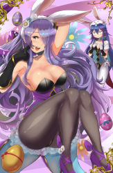 Rule 34 | 2girls, :d, anger vein, animal ears, armpits, bare shoulders, black gloves, black legwear, blue eyes, blush, breast envy, breasts, camilla (fire emblem), camilla (spring) (fire emblem), cleavage, detached collar, easter, easter egg, egg, fake animal ears, fire emblem, fire emblem awakening, fire emblem fates, fire emblem heroes, flat chest, gloves, hands on own chest, high heels, highres, large breasts, legs, leotard, lips, long hair, looking at viewer, lucina (fire emblem), lucina (spring) (fire emblem), magister, multiple girls, nintendo, open mouth, pantyhose, playboy bunny, purple hair, rabbit ears, rabbit tail, smile, tail, teeth, thighs, very long hair