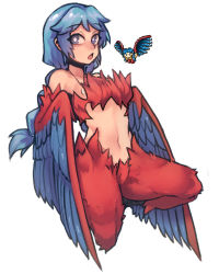 Rule 34 | 1girl, blue eyes, blue feathers, blue hair, blue wings, braid, breasts, bright pupils, commentary, english commentary, feather necklace, feathers, harpy, harpy (terraria), highres, long hair, looking at viewer, medium breasts, midriff, monster girl, navel, necklace, nyong nyong, open mouth, red feathers, reference inset, simple background, solo, terraria, twin braids, very long hair, white background, winged arms, wings