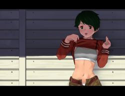 Rule 34 | 1girl, belt, blush, breasts, clothes lift, commentary request, flashing, green eyes, green hair, highres, kantai collection, letterboxed, midriff, mogami (kancolle), navel, open fly, panties, shade, shirt lift, short hair, small breasts, solo, sports bra, standing, sunlight, sweat, swept bangs, tongue, tongue out, tooku nomura (artist), underwear, white panties