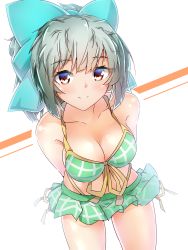 Rule 34 | 1girl, absurdres, bikini, blush, bow, breasts, brown eyes, closed mouth, green hair, hair between eyes, hair bow, hair ornament, halkawa501, highres, kantai collection, looking at viewer, medium breasts, ponytail, simple background, solo, swimsuit, white background, yuubari (kancolle)