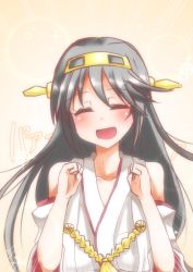 Rule 34 | 10s, 1girl, ^ ^, black hair, detached sleeves, closed eyes, hairband, haruna (kancolle), kantai collection, long hair, nontraditional miko, open mouth, smile, solo, takorice, upper body