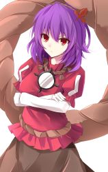 Rule 34 | &gt;:o, 1girl, :o, aosaki yukina, brown skirt, cowboy shot, crossed arms, hair ornament, japanese clothes, layered sleeves, leaf hair ornament, long sleeves, looking at viewer, mirror, puffy short sleeves, puffy sleeves, purple hair, red eyes, rope, shimenawa, short hair, short over long sleeves, short sleeves, skirt, solo, touhou, v-shaped eyebrows, white background, yasaka kanako