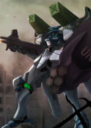 Rule 34 | building, dust, firing, from side, gun, highres, hiwa industry, holding, holding gun, holding shield, holding weapon, mecha, muv-luv, muv-luv alternative, no humans, robot, science fiction, shield, solo, tactical surface fighter, type 97 fubuki, visor, weapon