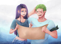 Rule 34 | 1boy, 1girl, absurdres, artist name, bandana, bandana around arm, blue eyes, chikajigoku, commentary, earrings, english commentary, green eyes, green hair, hand in own hair, highres, holding, holding map, jewelry, long hair, map, nico robin, one eye closed, one piece, open mouth, purple hair, roronoa zoro, scar, scar across eye, scar on face, short hair, short sleeves, signature, single earring, smile, teeth, v-shaped eyebrows, watermark, web address