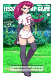 Rule 34 | 1girl, blue eyes, creatures (company), detached sleeves, earrings, english text, forest, game freak, holding, holding poke ball, jessie (pokemon), jewelry, long boots, long hair, miniskirt, nature, navel, nintendo, poke ball, pokemon, pokemon (anime), pokemon (classic anime), ponytail, purple hair, redjet, skirt, solo, strip game, team rocket, team rocket uniform