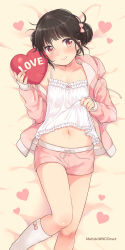 Rule 34 | 1girl, bed, bed sheet, black hair, blush, bow, breasts, camisole, circle name, closed mouth, clothes lift, double bun, frills, from above, hair bow, hair bun, heart, heart-shaped pupils, heart-shaped pillow, hood, hoodie, light smile, looking at viewer, lying, navel, on back, open clothes, open hoodie, open shirt, original, petite, pillow, pink bow, red eyes, shirt, shirt lift, short hair, shorts, sleepwear, sleeves past wrists, small breasts, smile, solo, symbol-shaped pupils, yukiu con